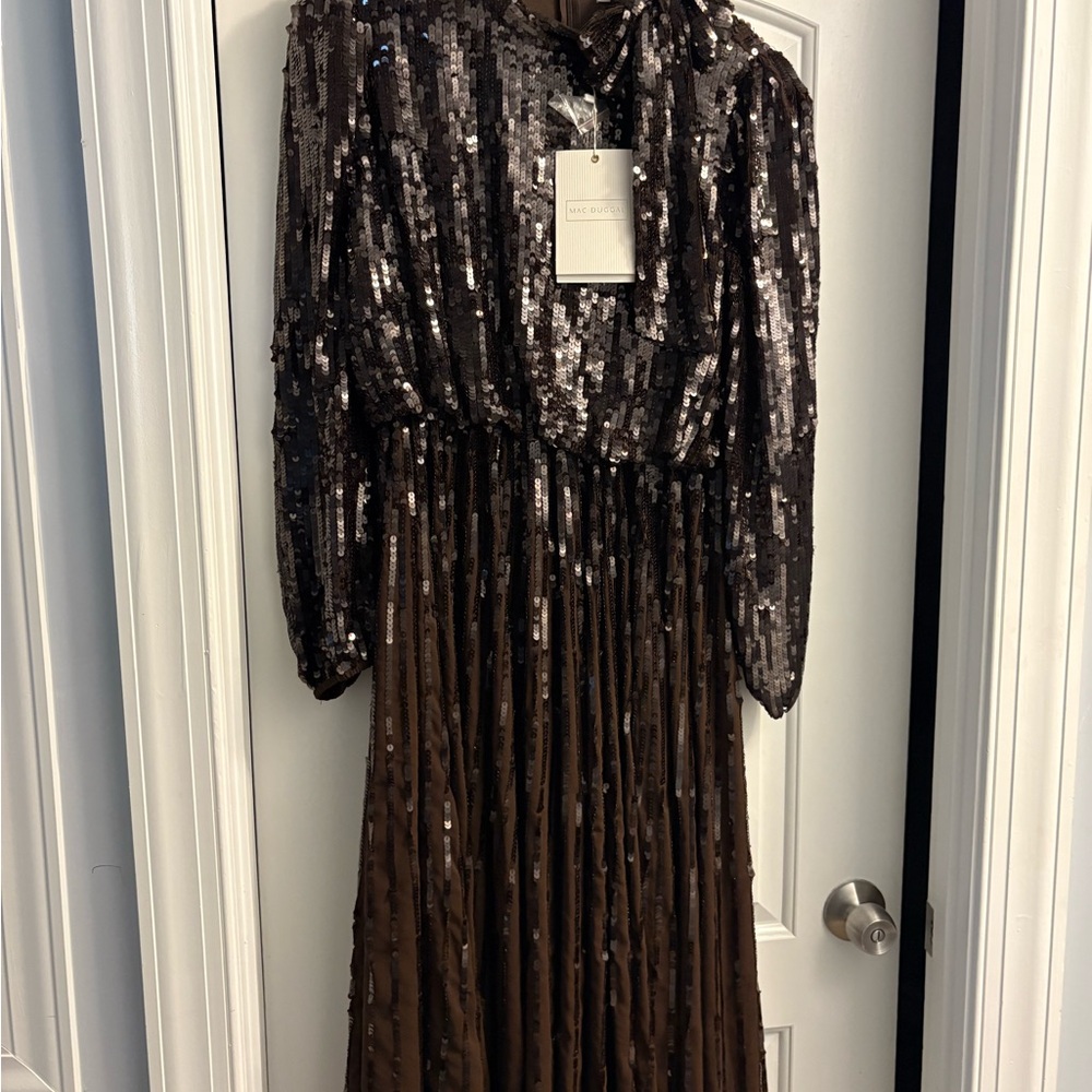 Mac Duggal Sequin Long Sleeve Dress Brown